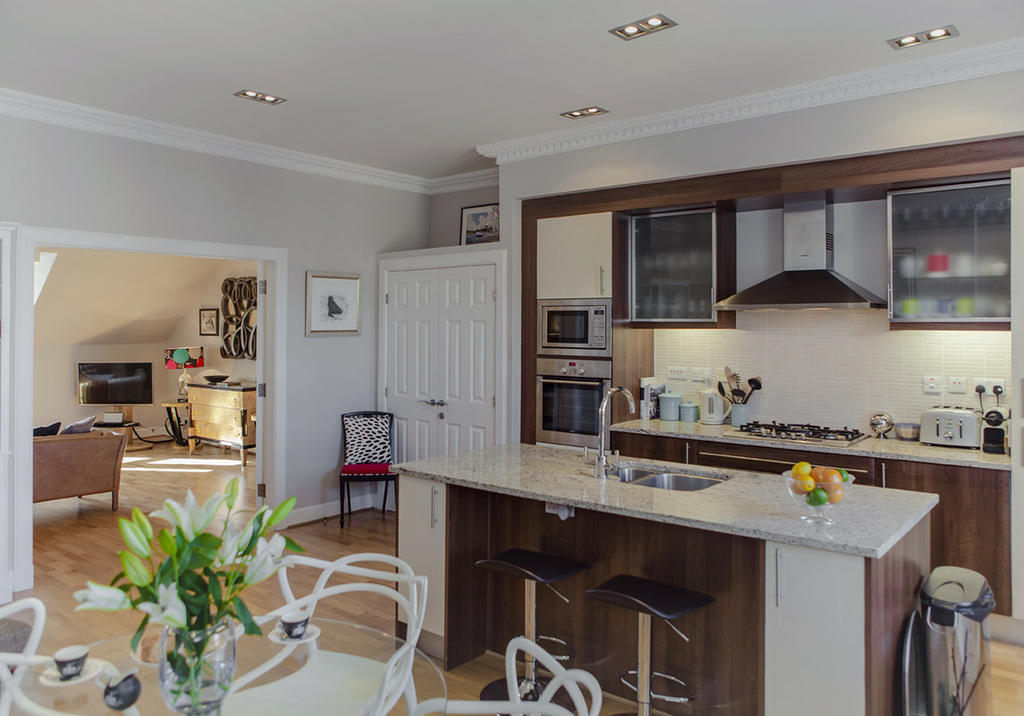 Sleek, modern kitchen and dining room with double doors into the sitting room.