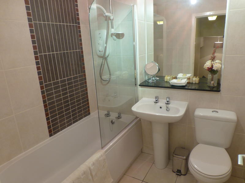 The bathroom has a bathtub with shower over