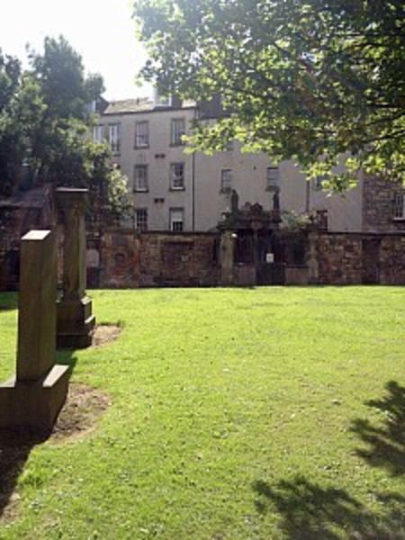 The apartment building seen from Greyfriars churchyard