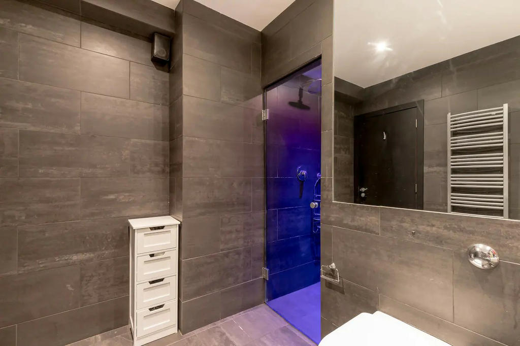 Family bath room with view of large shower area