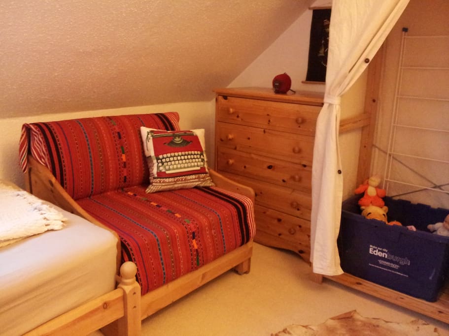 Children's camp bed & toy box (pictured in twin room)