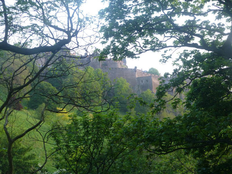 Edinburgh Castle through spring trees, from The Mound